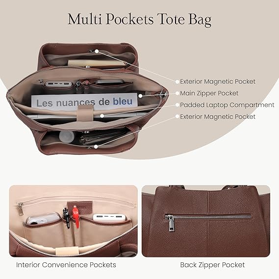 Genuine Leather Tote Bag for Women Work, Womens Laptop Tote Bags Shoulder Purses Totes with Compartments Handbags