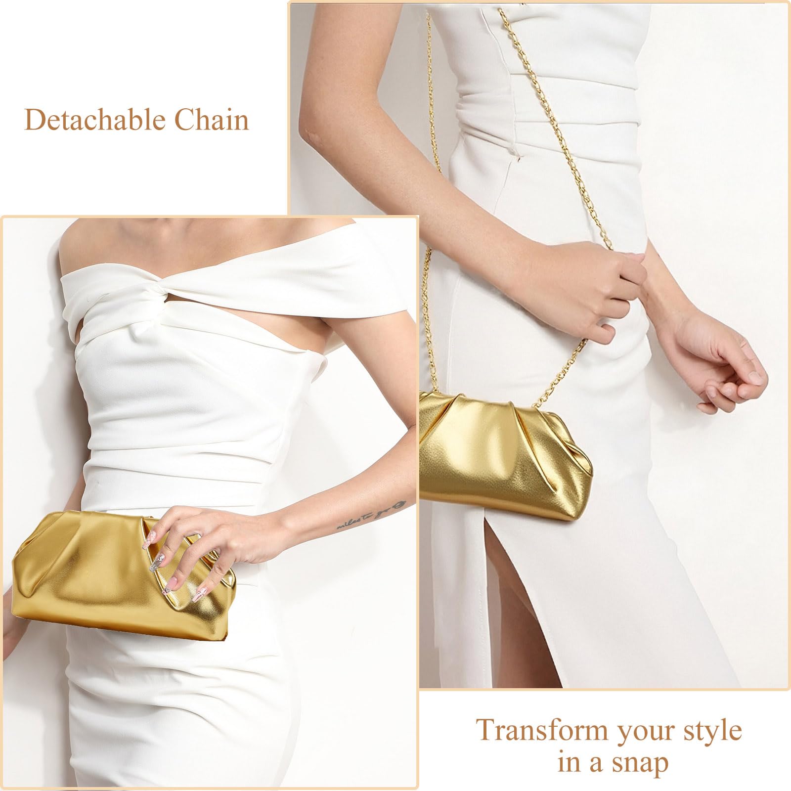 Clutch for Women, Vegan Leather Evening Purse, Soft Pleated PU Clutch Bag for Proms Parties