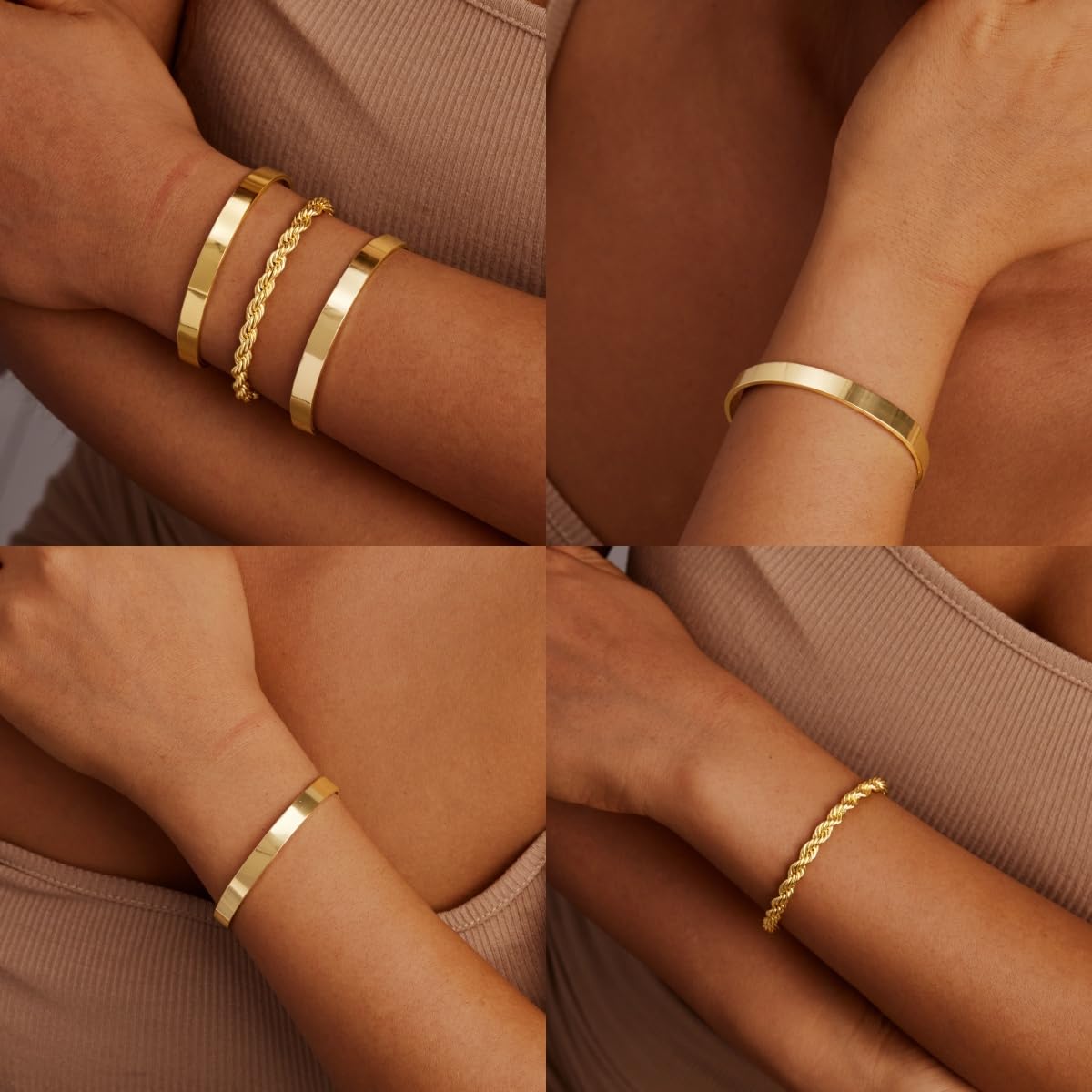 Gold Bracelets for Women Non Tarnish Dainty 14K Real Gold Plated Bangle Cuff Bracelets Stack for Women,Waterproof Stackable Bracelet Gold Jewelry Trendy Gifts Adjustable